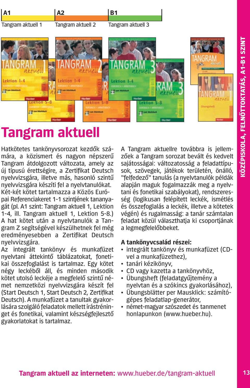 Két-két kötet tartalmazza a Közös Euró - pai Referenciakeret 1-1 szintjének tananyagát (pl. A1 szint: Tangram aktuell 1, Lektion 1-4, ill. Tangram aktuell 1, Lekti on 5-8.