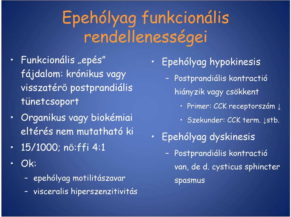 visceralis hiperszenzitivitás Epehólyag hypokinesis Postprandiális kontractió hiányzik vagy csökkent Primer: CCK