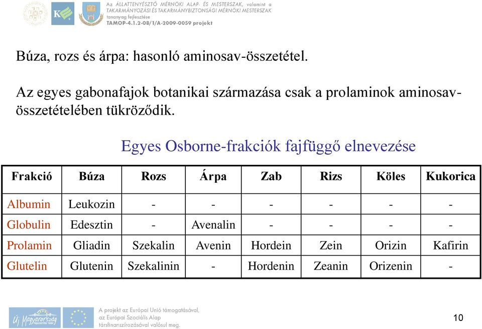 Egyes Osborne-frakciók fajfüggő elnevezése Frakció Búza Rozs Árpa Zab Rizs Köles Kukorica Albumin