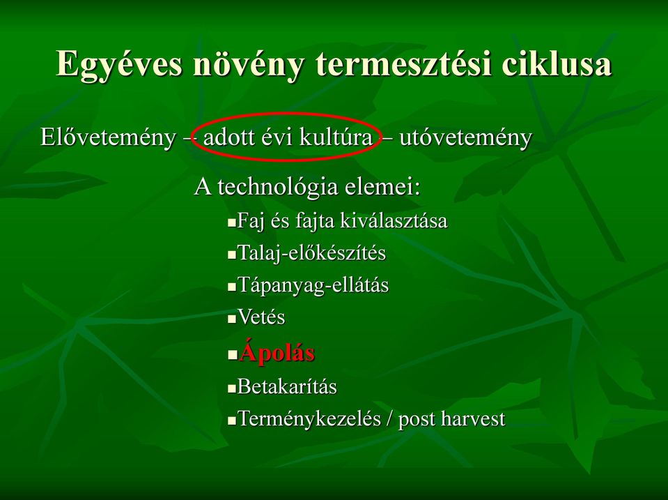 fajta kiválasztása Talaj-előkészítés Tápanyag-ellátás