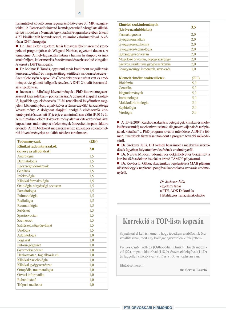 Wiegand Norbert, egyetemi docenst. A téma címe: A mélyfagyasztás hatása a humán hyalinporc és ínak struktúrájára, kalorimetriás és szövettani összehasonlító vizsgálat. Akérést a DHT támogatja. Dr.