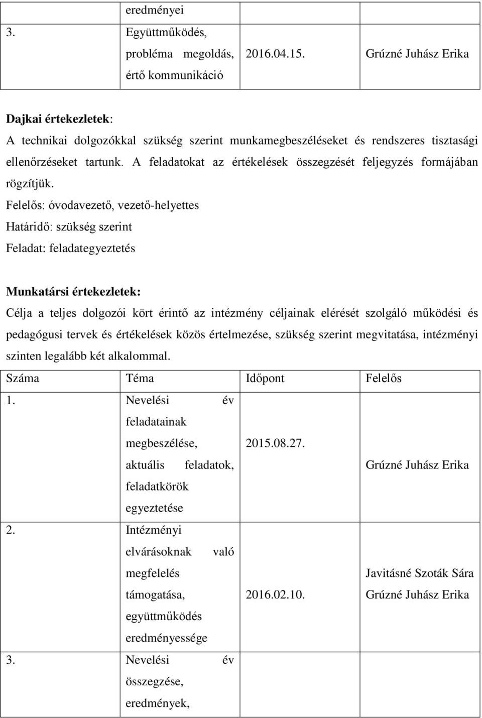 A feladatokat az értékelések összegzését feljegyzés formájában rögzítjük.