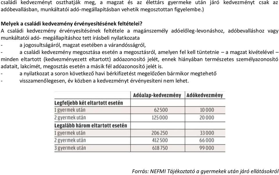 A családi kedvezmény érvényesítésének feltétele a magánszemély adóelőleg-levonáshoz, adóbevalláshoz vagy munkáltatói adó- megállapításhoz tett írásbeli nyilatkozata - a jogosultságáról, magzat