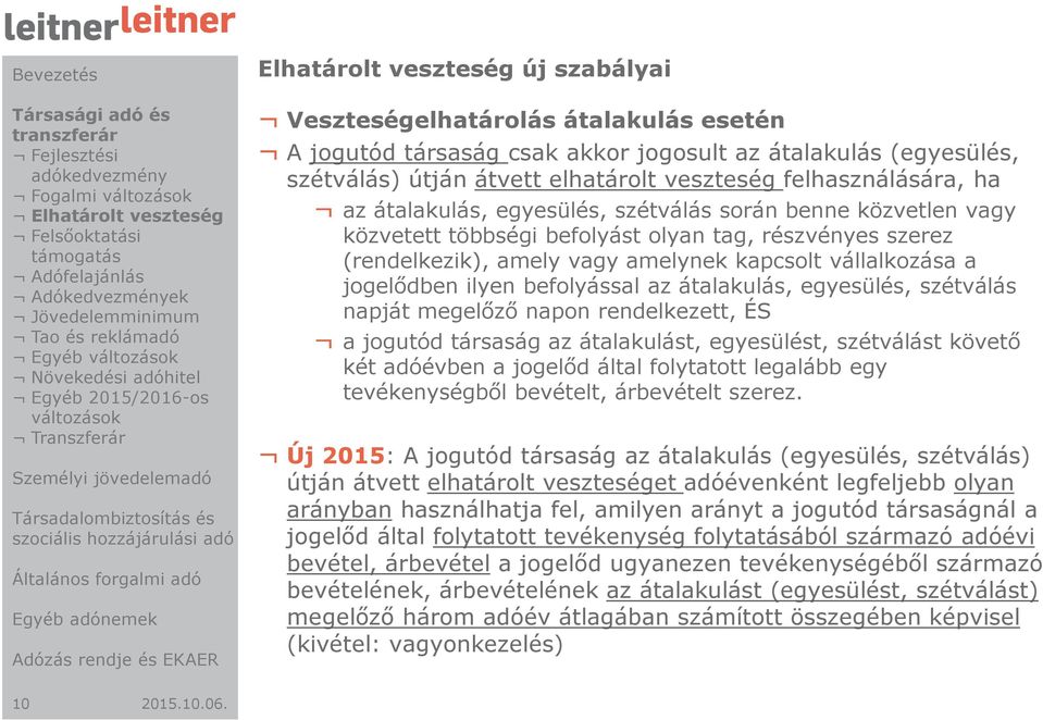 veszteség felhasználására, ha az átalakulás, egyesülés, szétválás során benne közvetlen vagy közvetett többségi befolyást olyan tag, részvényes szerez (rendelkezik), amely vagy amelynek kapcsolt