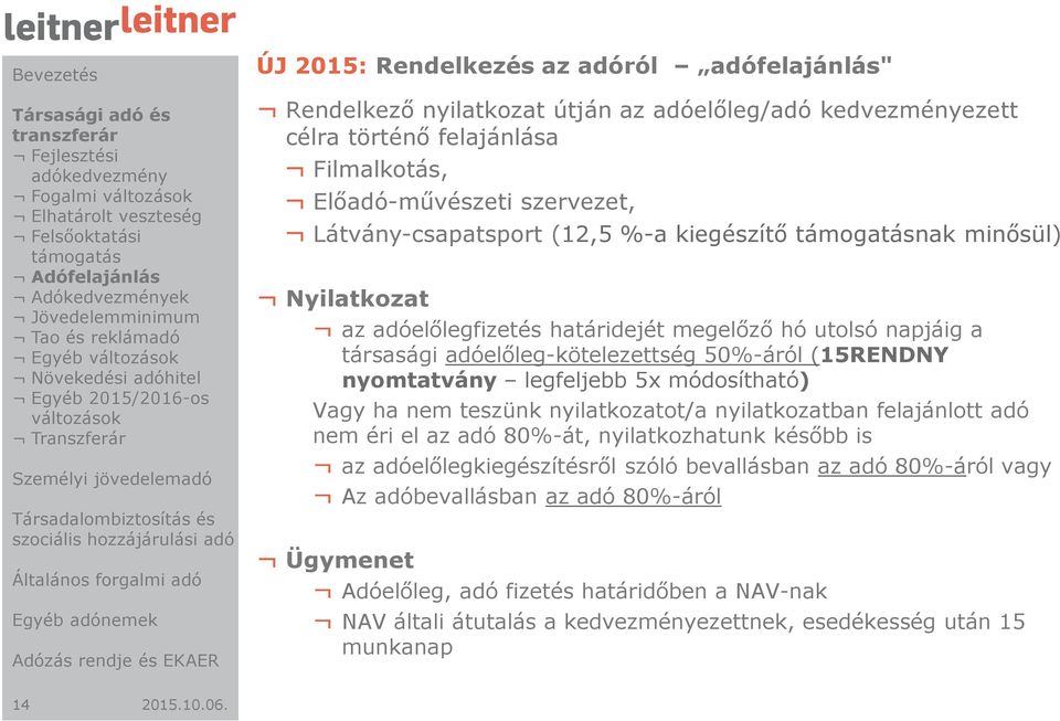 Látvány-csapatsport (12,5 %-a kiegészítő támogatásnak minősül) Nyilatkozat az adóelőlegfizetés határidejét megelőző hó utolsó napjáig a társasági adóelőleg-kötelezettség 50%-áról (15RENDNY