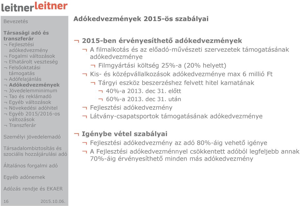 25%-a (20% helyett) Kis- és középvállalkozások adókedvezménye max 6 millió Ft Tárgyi eszköz beszerzéshez felvett hitel kamatának 40%-a 2013. dec 31.