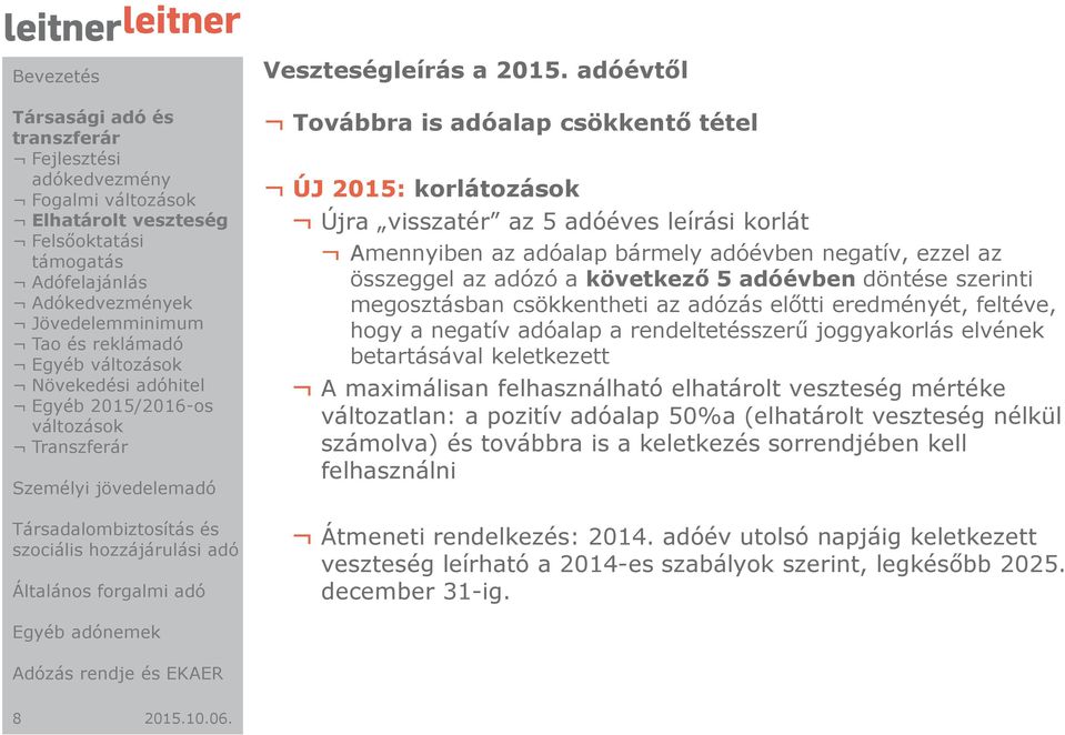 adóévtől Továbbra is adóalap csökkentő tétel ÚJ 2015: korlátozások Újra visszatér az 5 adóéves leírási korlát Amennyiben az adóalap bármely adóévben negatív, ezzel az összeggel az adózó a következő 5