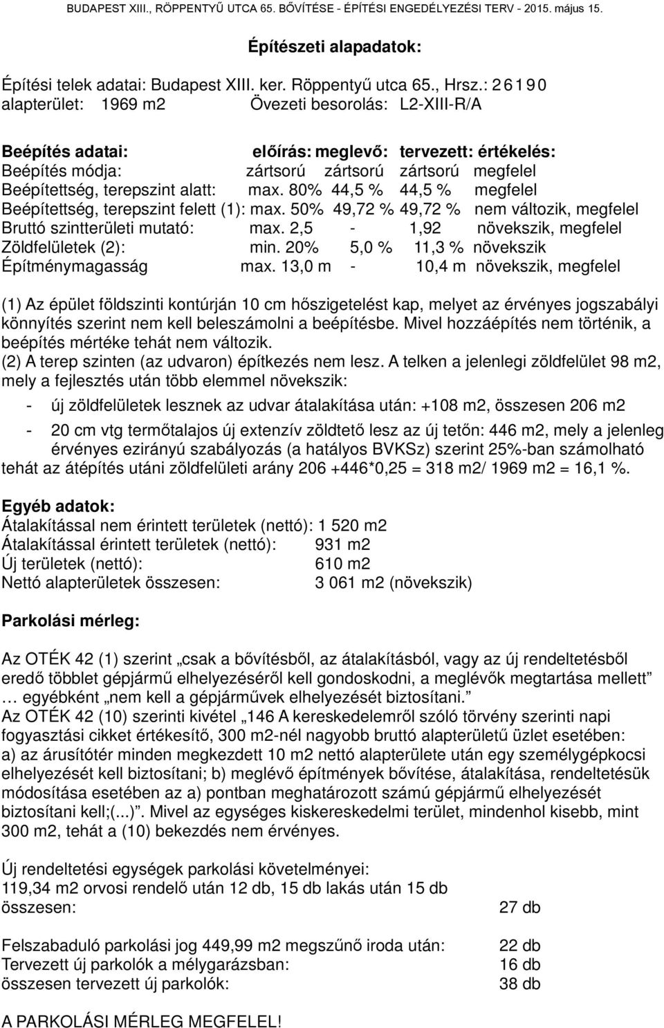 alatt: max. 80% 44,5 % 44,5 % megfelel Beépítettség, terepszint felett (1): max. 50% 49,72 % 49,72 % nem változik, megfelel Bruttó szintterületi mutató: max.