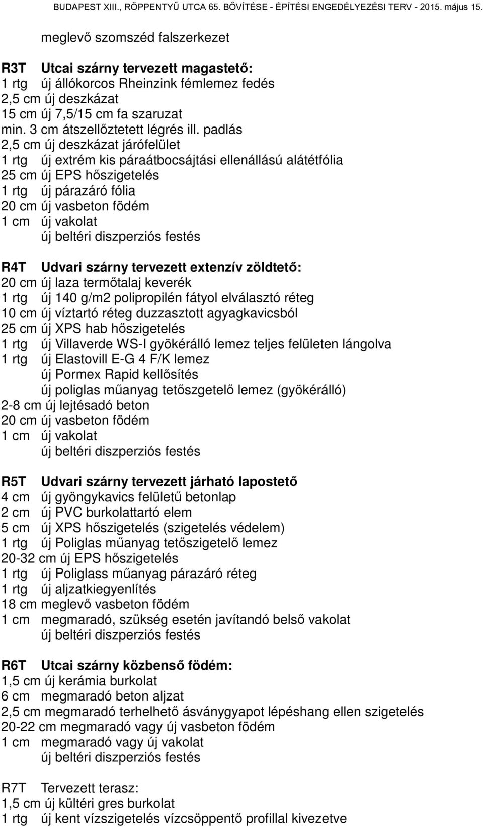 padlás 2,5 cm új deszkázat járófelület 1 rtg új extrém kis páraátbocsájtási ellenállású alátétfólia 25 cm új EPS hőszigetelés 1 rtg új párazáró fólia 20 cm új vasbeton födém 1 cm új vakolat új