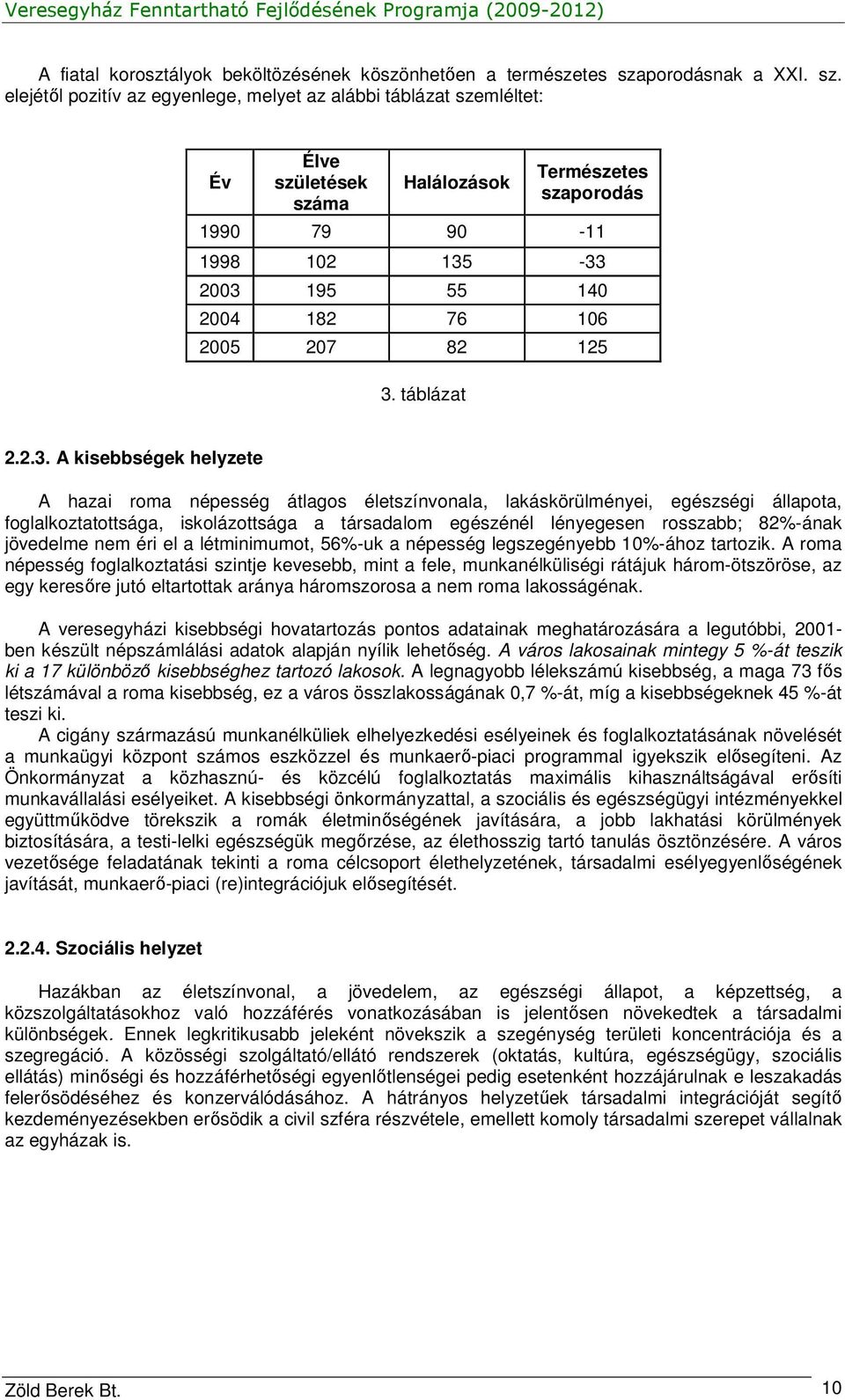 elejétıl pozitív az egyenlege, melyet az alábbi táblázat szemléltet: Év Élve születések száma Halálozások Természetes szaporodás 1990 79 90-11 1998 102 135-33 2003 195 55 140 2004 182 76 106 2005 207