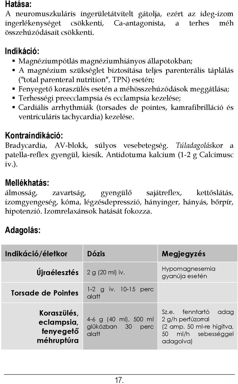 méhösszehúzódások meggátlása; Terhességi preecclampsia és ecclampsia kezelése; Cardiális arrhythmiák (torsades de pointes, kamrafibrilláció és ventriculáris tachycardia) kezelése.