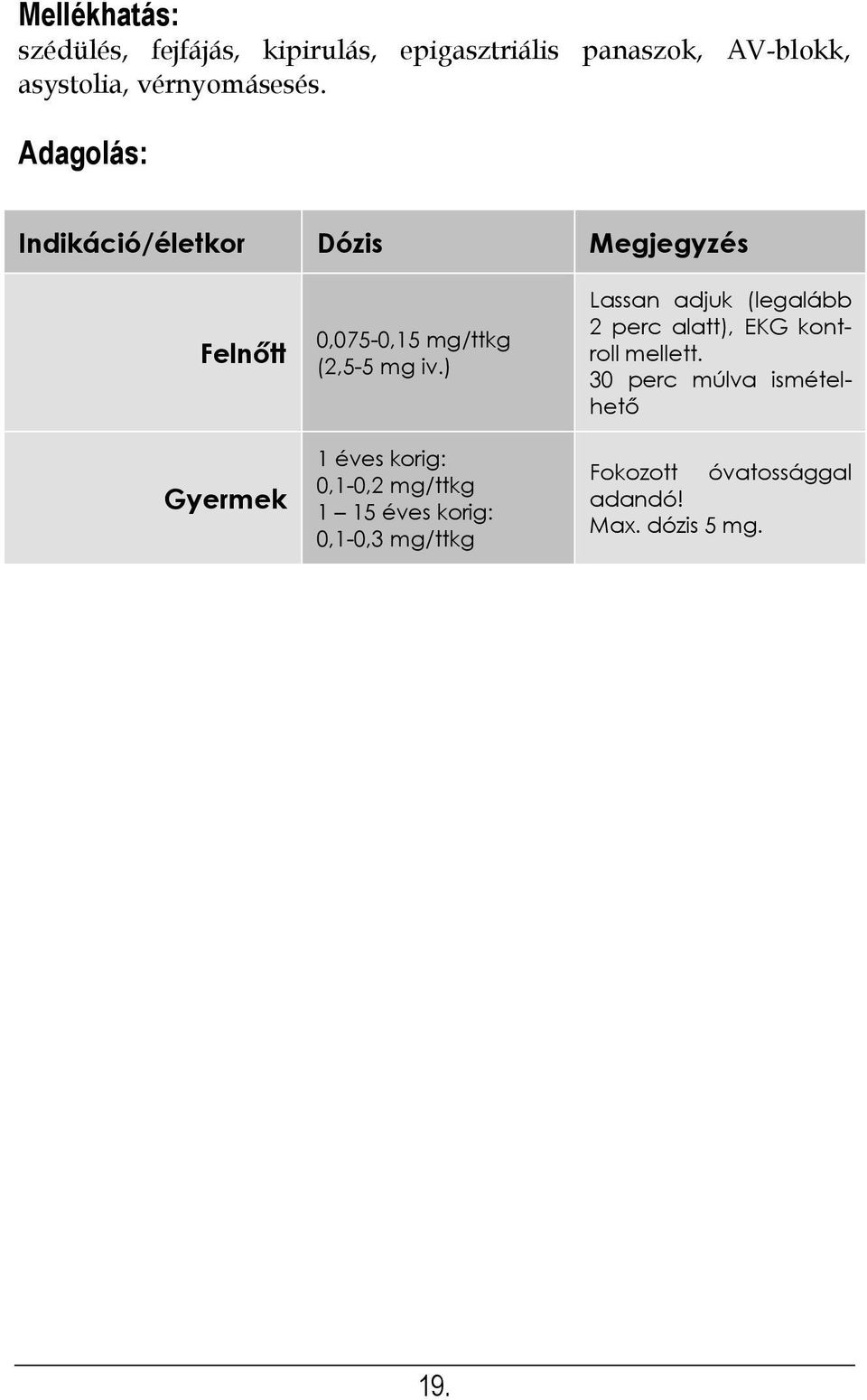 Adagolás: Indikáció/életkor Dózis Megjegyzés Felnőtt Gyermek 0,075-0,15 mg/ttkg (2,5-5 mg iv.