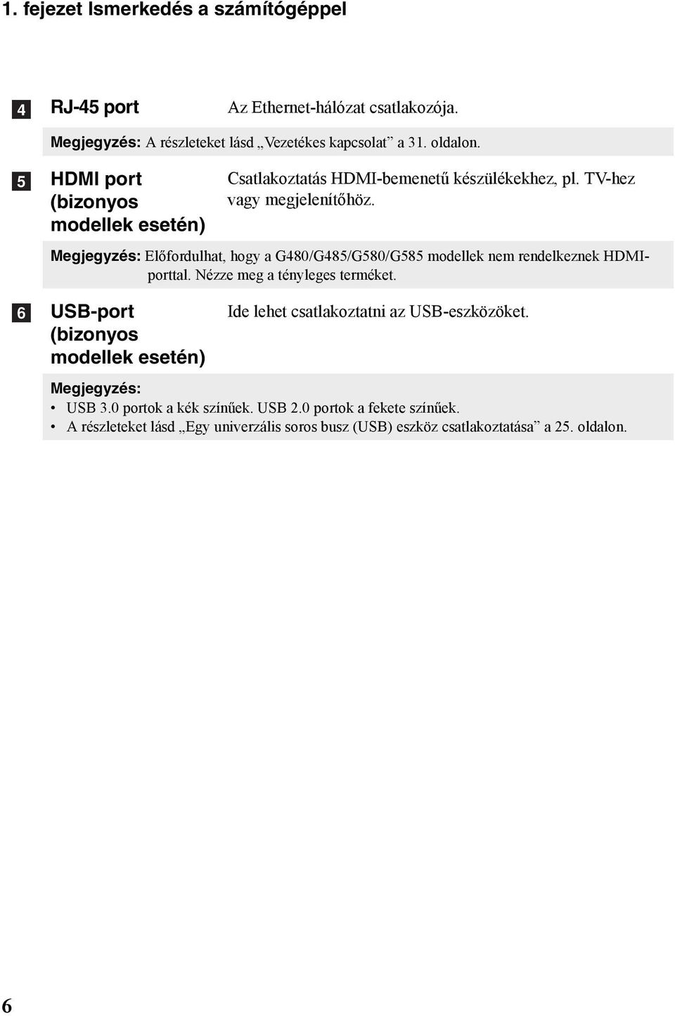 Megjegyzés: Előfordulhat, hogy a G480/G485/G580/G585 modellek nem rendelkeznek HDMIporttal. Nézze meg a tényleges terméket.