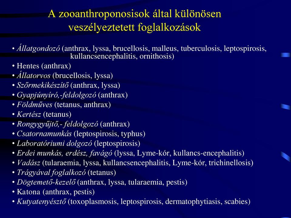 Csatornamunkás (leptospirosis, typhus) Laboratóriumi dolgozó (leptospirosis) Erdei munkás, erdész, favágó (lyssa, Lyme-kór, kullancs-encephalitis) Vadász (tularaemia, lyssa, kullancsencephalitis,