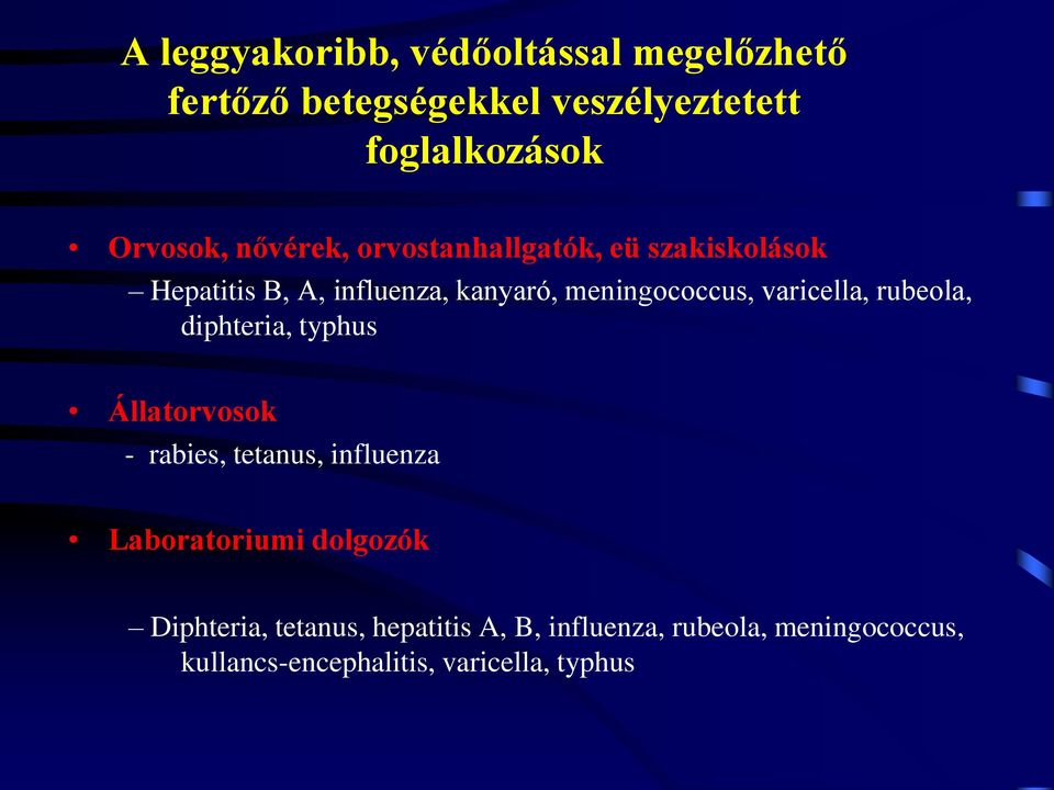 varicella, rubeola, diphteria, typhus Állatorvosok - rabies, tetanus, influenza Laboratoriumi dolgozók