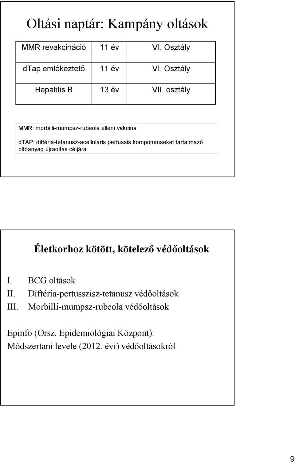 oltóanyag újraoltás céljára Életkorhoz kötött, kötelezı védıoltások I. BCG oltások II.