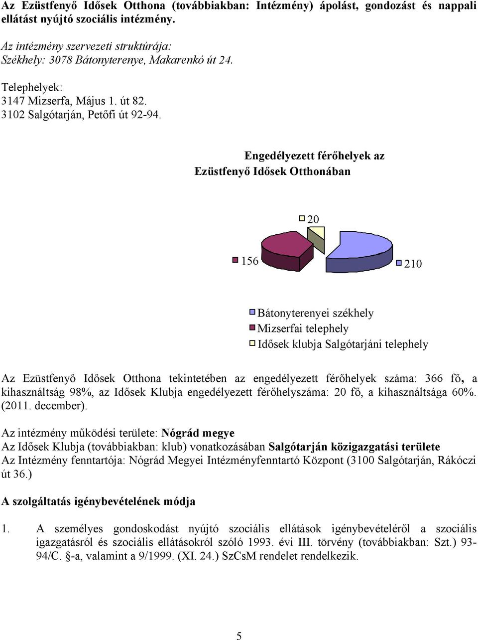 Engedélyezett férőhelyek az Ezüstfenyő Idősek Otthonában 20 156 210 Bátonyterenyei székhely Mizserfai telephely Idősek klubja Salgótarjáni telephely Az Ezüstfenyő Idősek Otthona tekintetében az