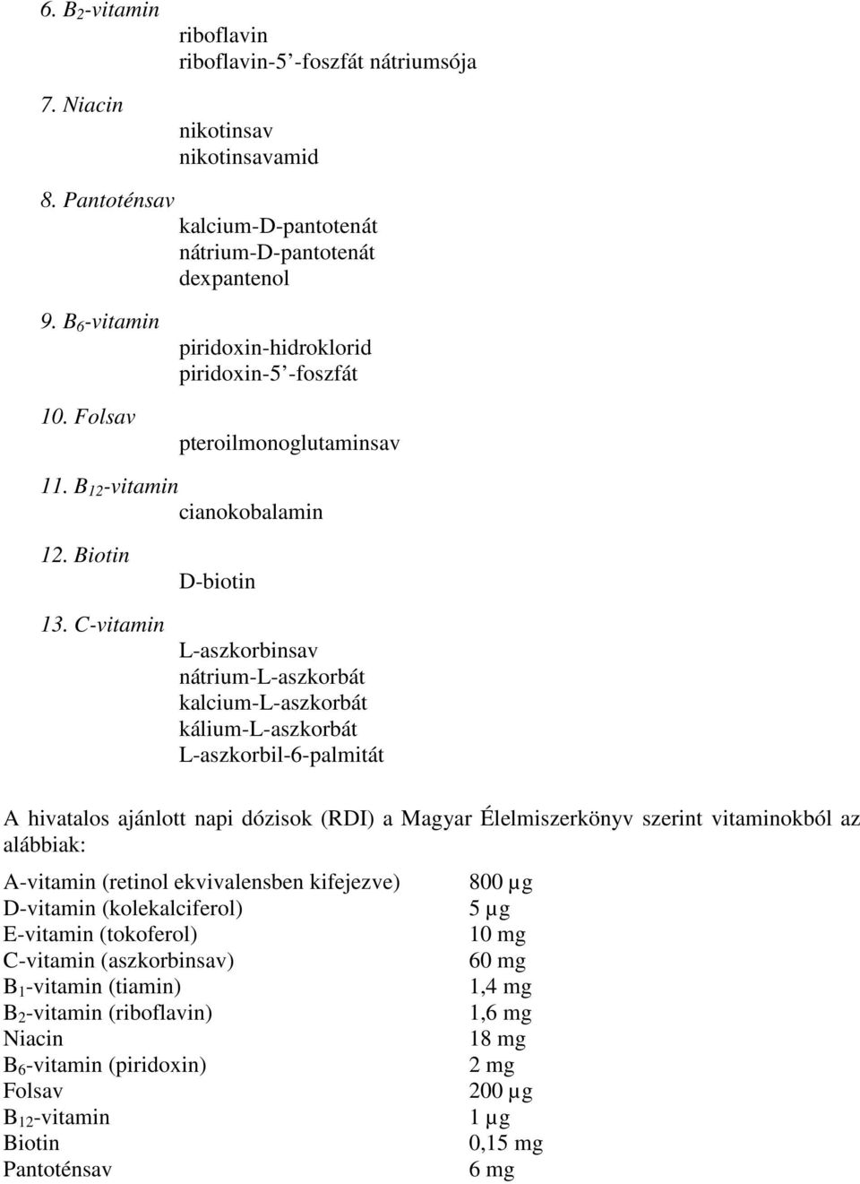 C-vitamin D-biotin L-aszkorbinsav nátrium-l-aszkorbát kalcium-l-aszkorbát kálium-l-aszkorbát L-aszkorbil-6-palmitát A hivatalos ajánlott napi dózisok (RDI) a Magyar Élelmiszerkönyv szerint