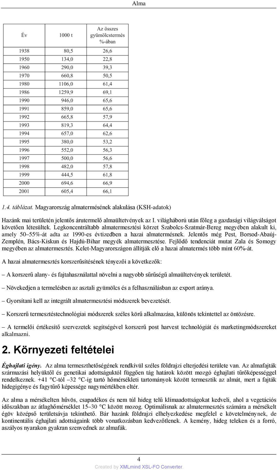 Legkoncentráltabb almatermesztési körzet Szabolcs-Szatmár-Bereg megyében alakult ki, amely 50 55%-át adta az 1990-es évtizedben a hazai almatermésnek.