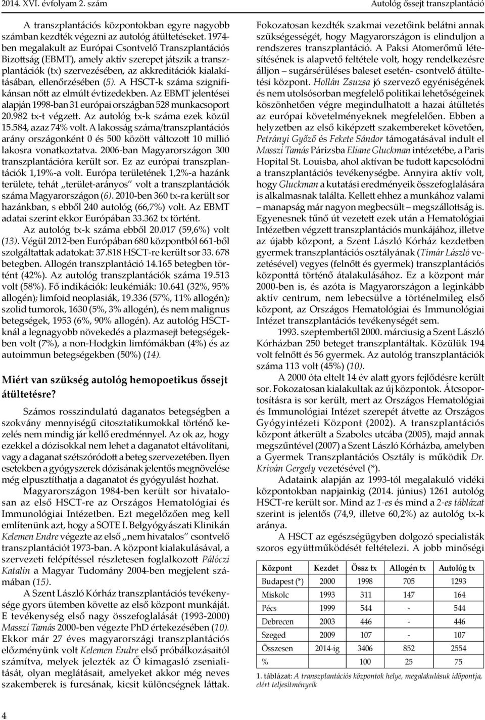 A HSCT-k száma szignifikánsan nőtt az elmúlt évtizedekben. Az EBMT jelentései alapján 1998-ban 31 európai országban 528 munkacsoport 20.982 tx-t végzett. Az autológ tx-k száma ezek közül 15.