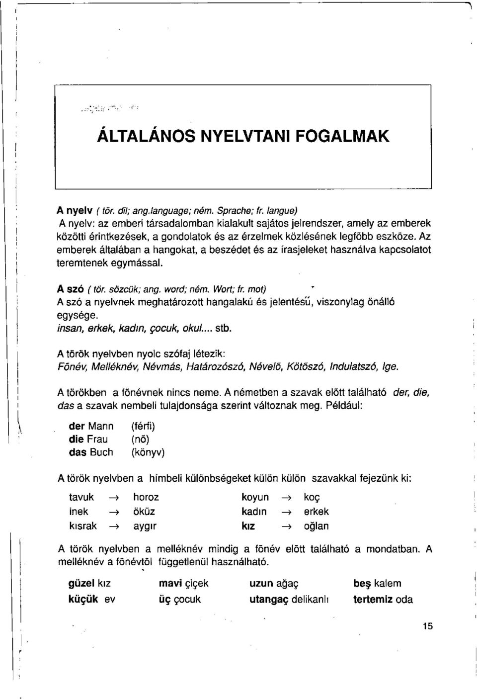 Az emberek általában a hangokat, a beszédet és az írásjeleket használva kapcsolatot teremtenek egymással. A szó (tör. sözcük; ang. word; ném. Wort; fr.