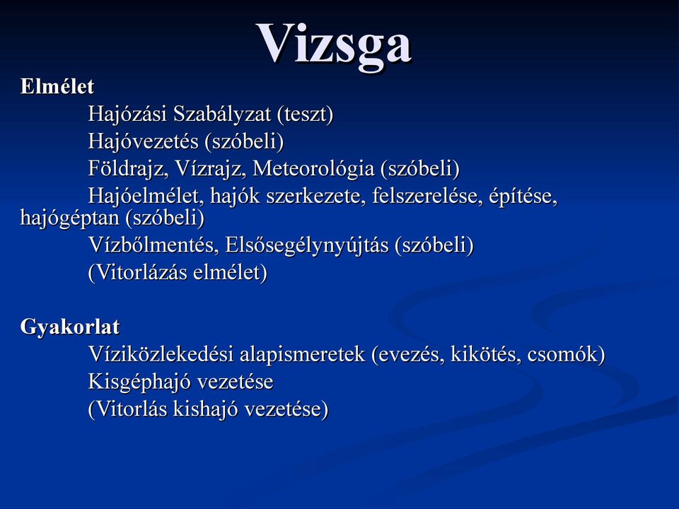 (szóbeli) Vízbőlmentés, Elsősegélynyújtás (szóbeli) (Vitorlázás elmélet) Gyakorlat