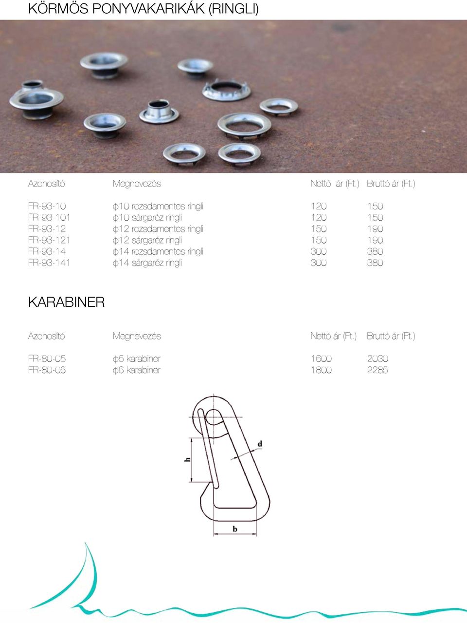 ringli 150 190 FR-93-121 φ12 sárgaréz ringli 150 190 FR-93-14 φ14 rozsdamentes ringli 300 380 FR-93-141 φ14