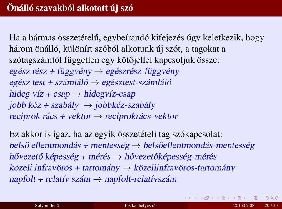 jobbkéz-szabály reciprok rács + vektor reciprokrács-vektor Ez akkor is igaz, ha az egyik összetételi tag szókapcsolat: belső ellentmondás + mentesség belsőellentmondás-mentesség