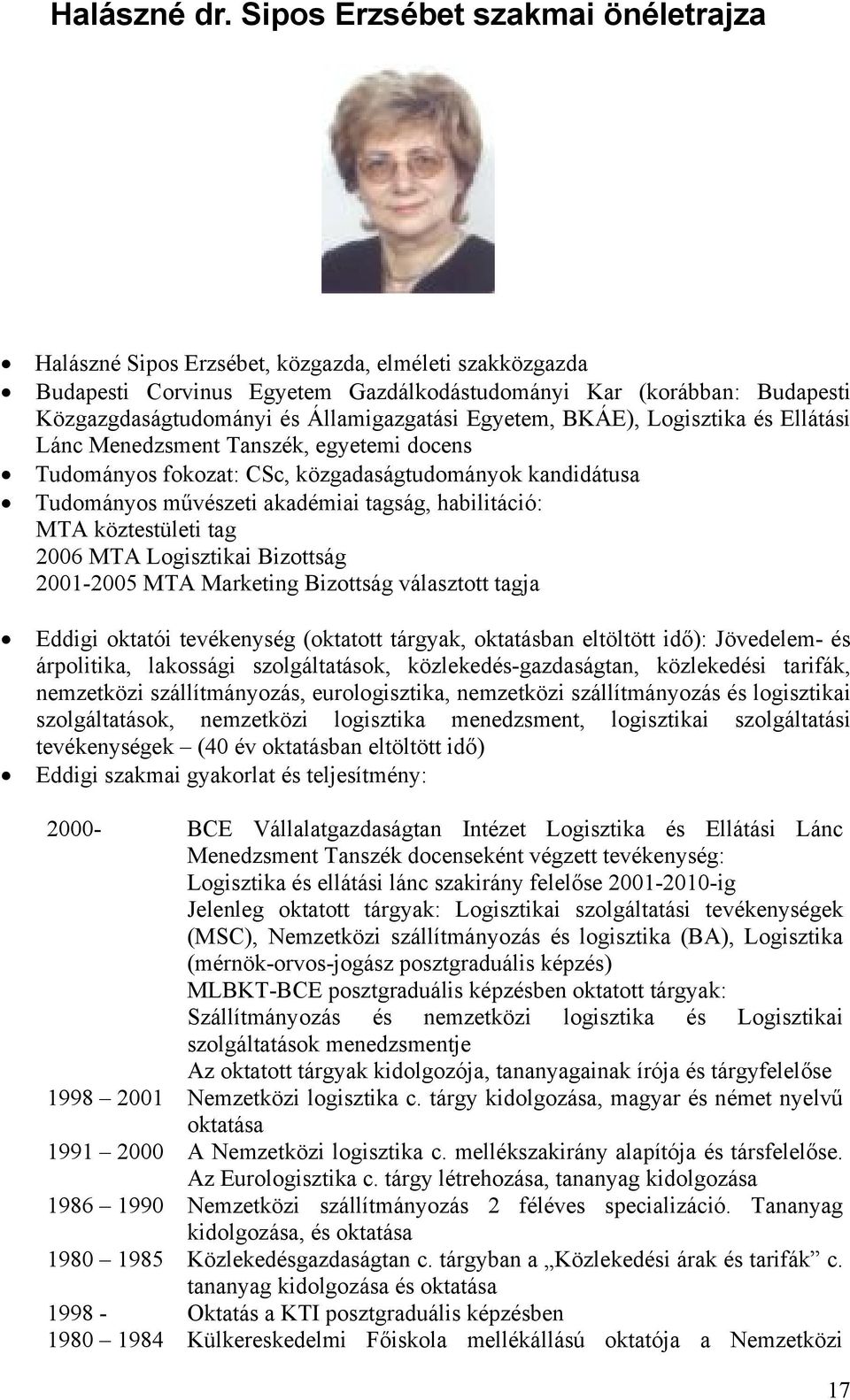 Államigazgatási Egyetem, BKÁE), Logisztika és Ellátási Lánc Menedzsment Tanszék, egyetemi docens Tudományos fokozat: CSc, közgadaságtudományok kandidátusa Tudományos művészeti akadémiai tagság,