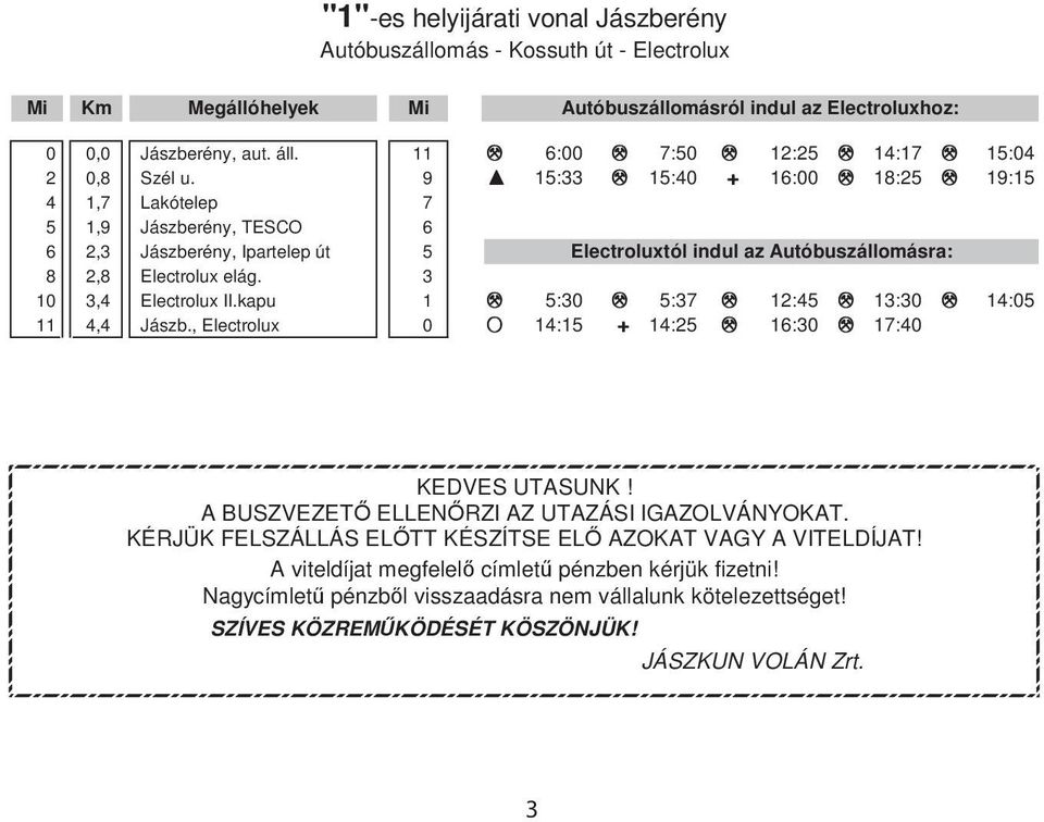 9 s 15:33 p 15:40 + 16:00 p 18:25 p 19:15 4 1,7 Lakótelep 7 5 1,9 Jászberény, TESCO 6 6 2,3 Jászberény, Ipartelep út 5 electroluxtól indul az Autóbuszállomásra: 8 2,8 Electrolux elág.