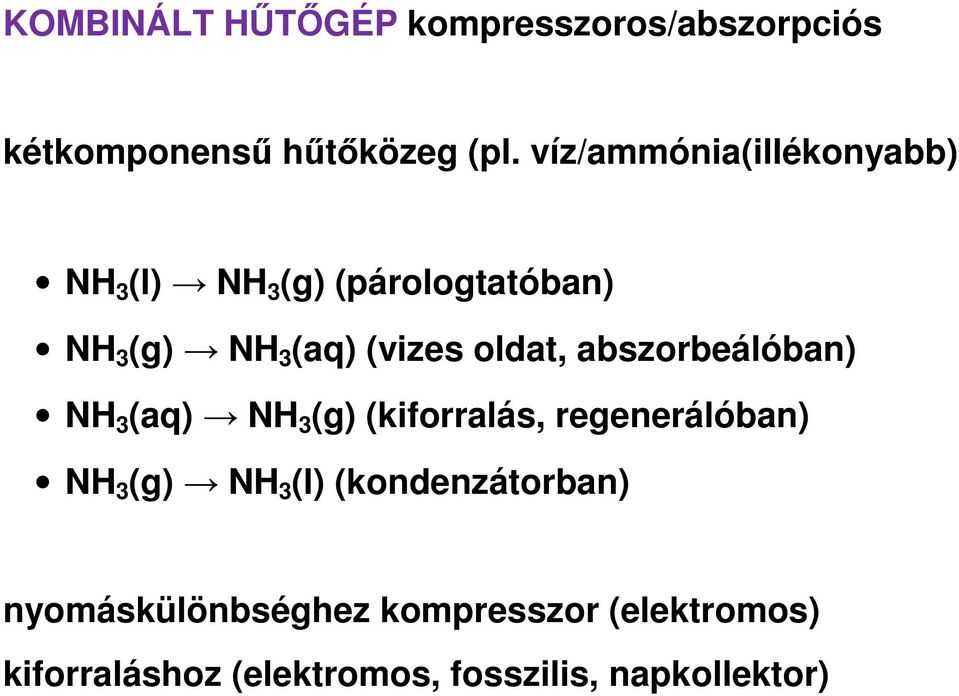 oldat, abszorbeálóban) NH 3 (aq) NH 3 (g) (kiforralás, regenerálóban) NH 3 (g) NH 3 (l)