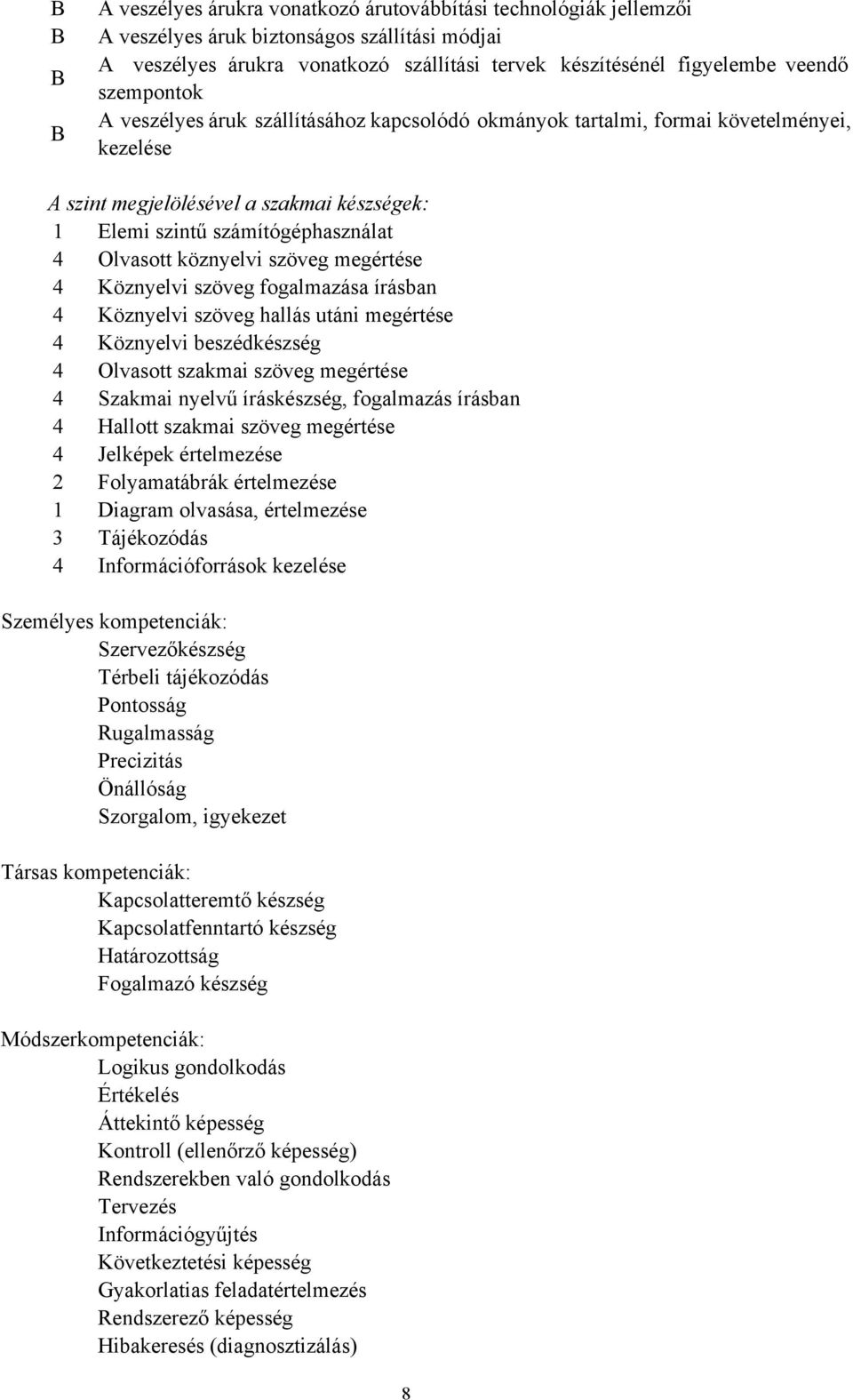 köznyelvi szöveg megértése 4 Köznyelvi szöveg fogalmazása írásban 4 Köznyelvi szöveg hallás utáni megértése 4 Köznyelvi beszédkészség 4 Olvasott szakmai szöveg megértése 4 Szakmai nyelvű íráskészség,