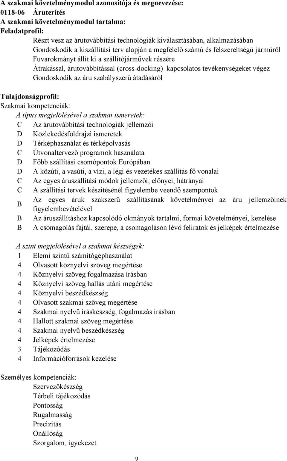 tevékenységeket végez Gondoskodik az áru szabályszerű átadásáról Tulajdonságprofil: Szakmai kompetenciák: A típus megjelölésével a szakmai ismeretek: C Az árutovábbítási technológiák jellemzői D