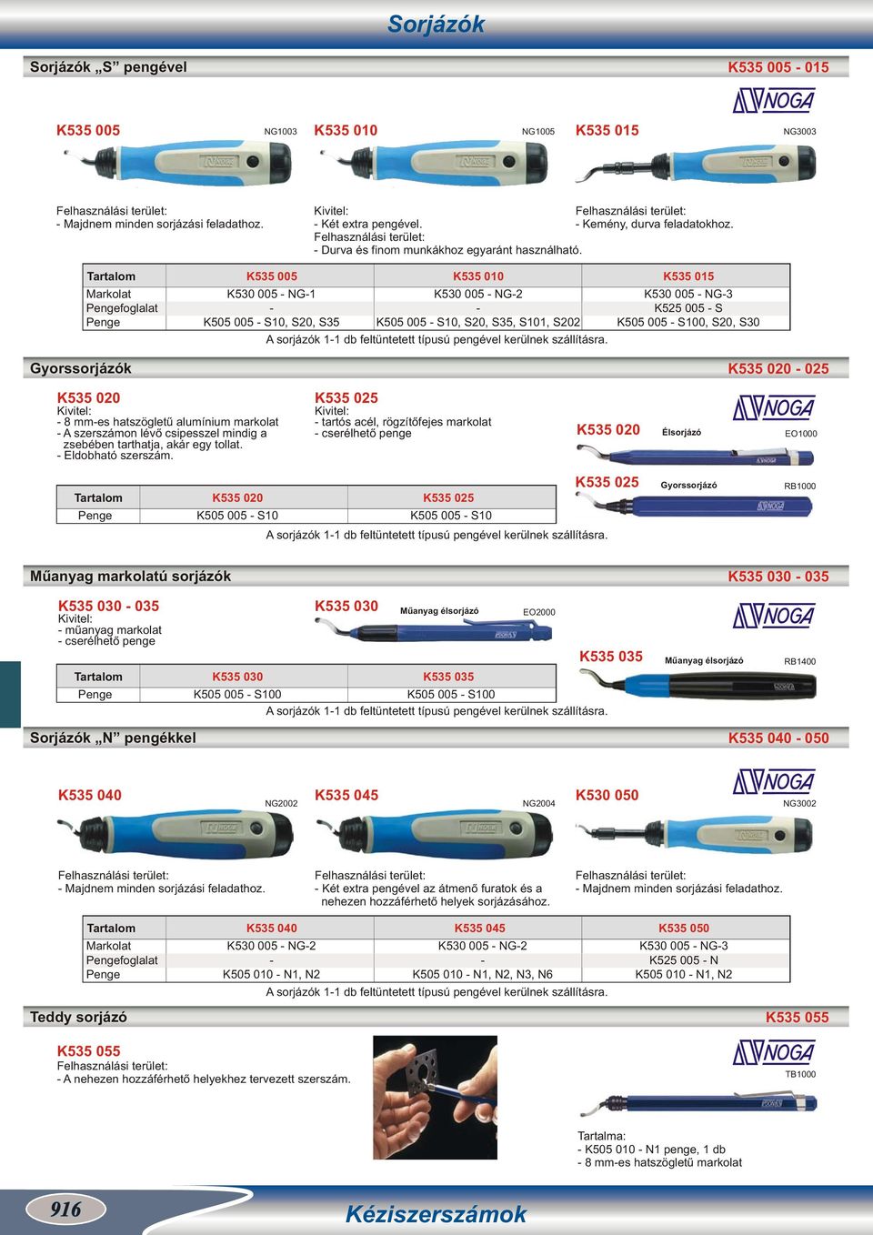 foglalat K535 005 K530 005 NG1 K505 005 S10, S20, S35 K535 010 K530 005 NG2 K505 005 S10, S20, S35, S101, S202 A sorjázók 11 db feltüntetett típusú pengével kerülnek szállításra.