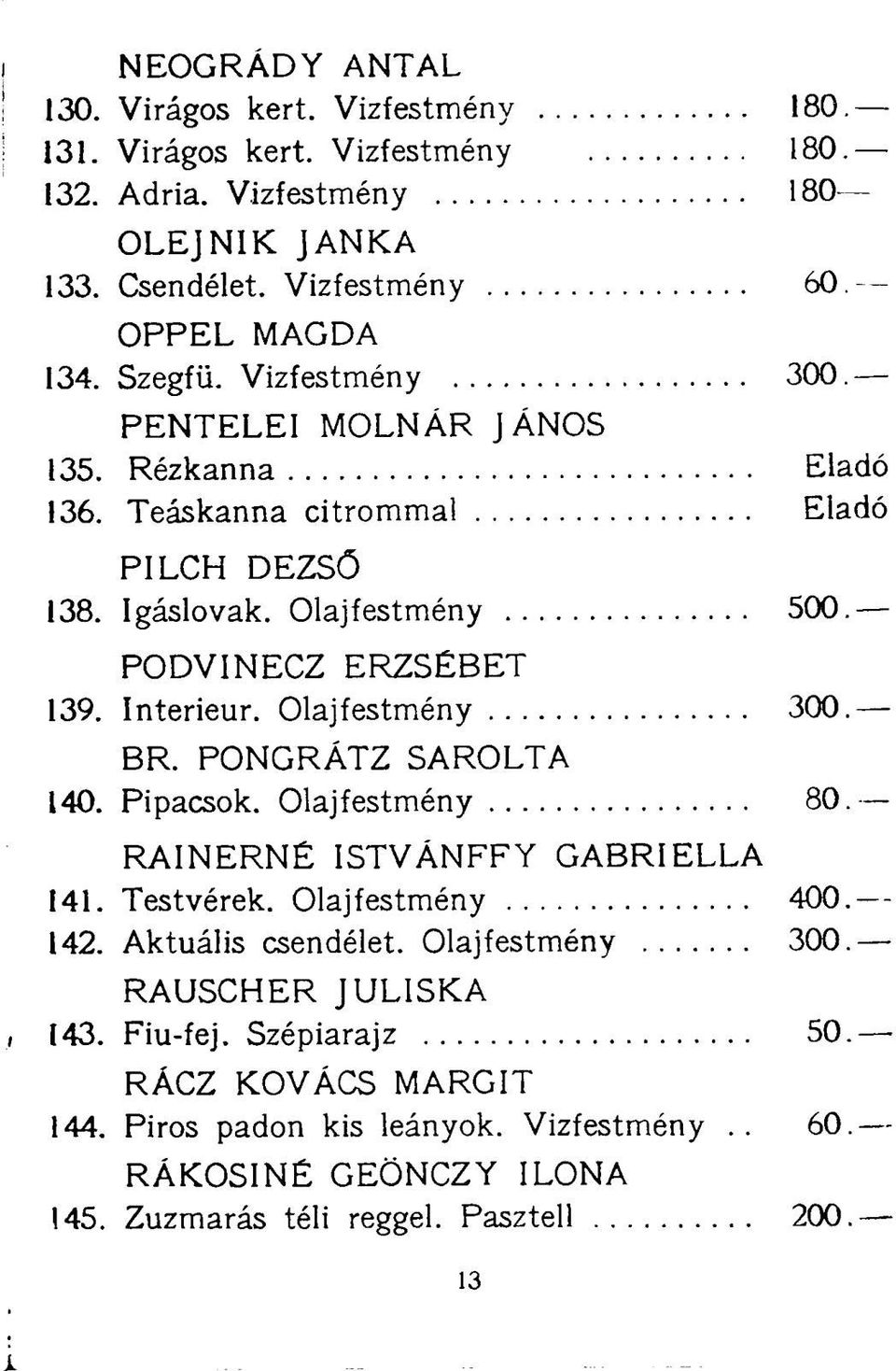 Olajfestmény 300. BR. PONGRÁTZ SAROLTA 140. Pipacsok. Olajfestmény 80. RAINERNÉ ISTVÁNFFY GABRIELLA 141. Testvérek. Olajfestmény 400. 142. Aktuális csendélet. Olajfestmény 300.