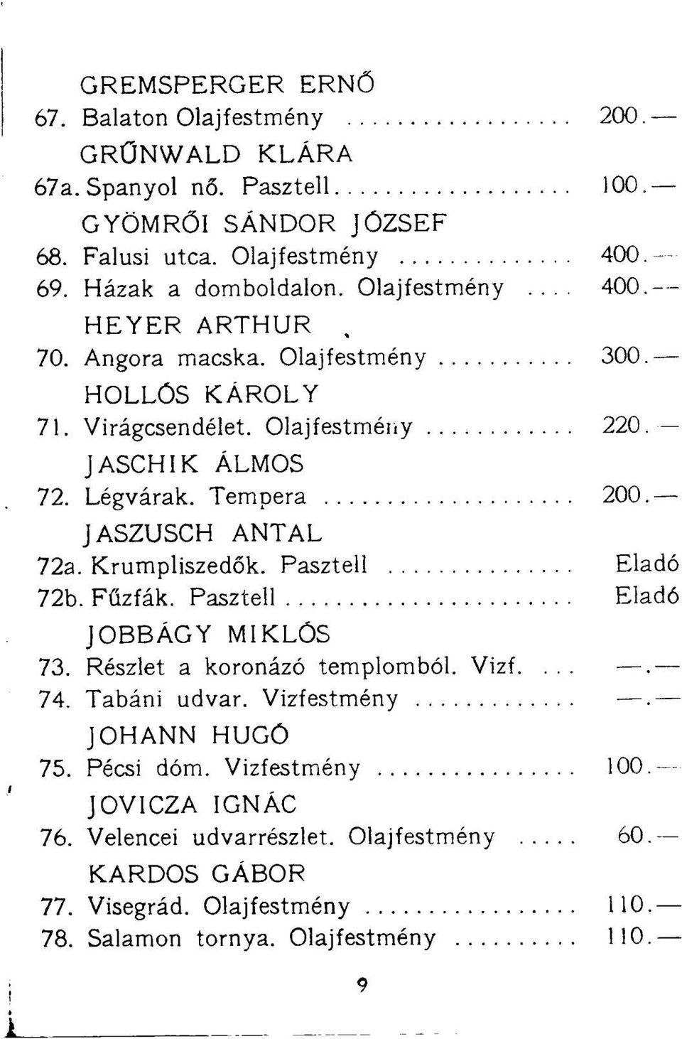 JASZUSCH ANTAL 72a. Krumpliszedők. Pasztell Eladó 72b. Fűzfák. Pasztell Eladó JOBBÁGY MIKLÓS 73. Részlet a koronázó templomból. Vizf..... 74. Tabáni udvar. Vizfestmény.