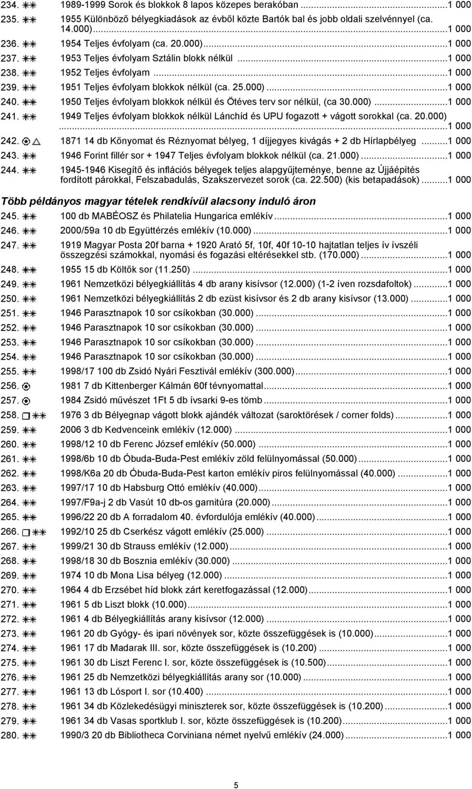 1950 Teljes évfolyam blokkok nélkül és Ötéves terv sor nélkül, (ca 30.000)...1 000 241. 1949 Teljes évfolyam blokkok nélkül Lánchíd és UPU fogazott + vágott sorokkal (ca. 20.000)...1 000 242.