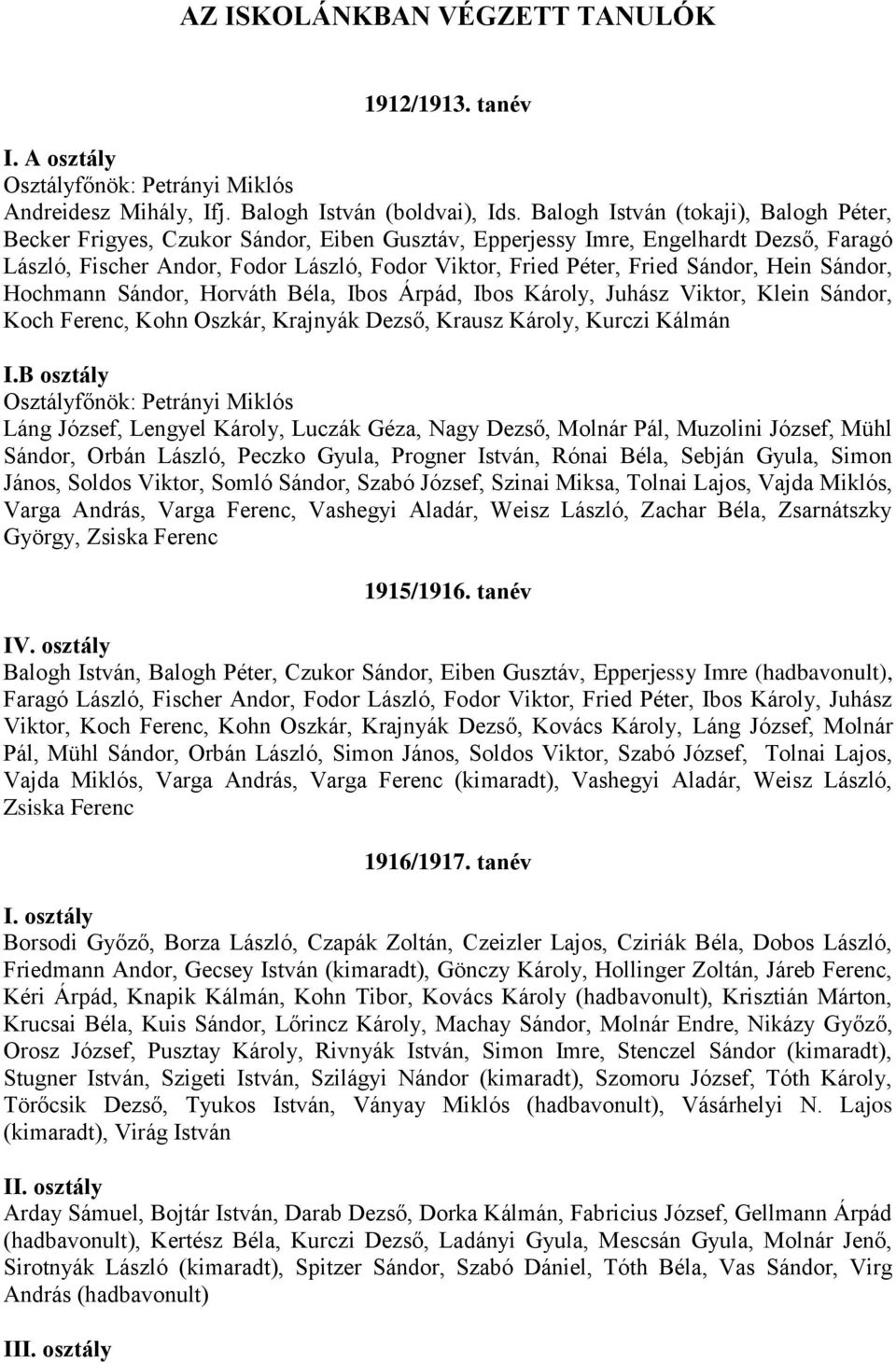 Sándor, Hein Sándor, Hochmann Sándor, Horváth Béla, Ibos Árpád, Ibos Károly, Juhász Viktor, Klein Sándor, Koch Ferenc, Kohn Oszkár, Krajnyák Dezső, Krausz Károly, Kurczi Kálmán I.