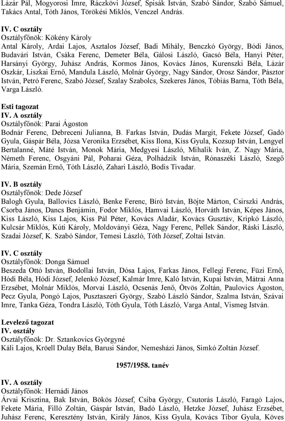 Harsányi György, Juhász András, Kormos János, Kovács János, Kurenszki Béla, Lázár Oszkár, Liszkai Ernő, Mandula László, Molnár György, Nagy Sándor, Orosz Sándor, Pásztor István, Petró Ferenc, Szabó