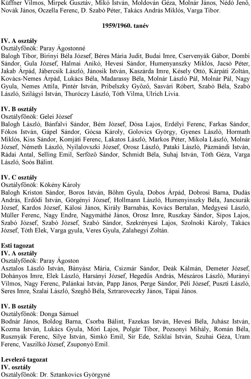 Jacsó Péter, Jakab Árpád, Jábercsik László, Jánosik István, Kaszárda Imre, Késely Ottó, Kárpáti Zoltán, Kovács-Nemes Árpád, Lukács Béla, Madarassy Béla, Molnár László Pál, Molnár Pál, Nagy Gyula,