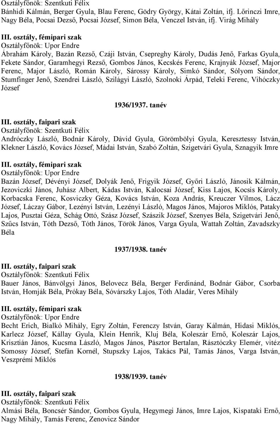 osztály, fémipari szak Osztályfőnök: Upor Endre Ábrahám Károly, Bazán Rezső, Czáji István, Csepreghy Károly, Dudás Jenő, Farkas Gyula, Fekete Sándor, Garamhegyi Rezső, Gombos János, Kecskés Ferenc,