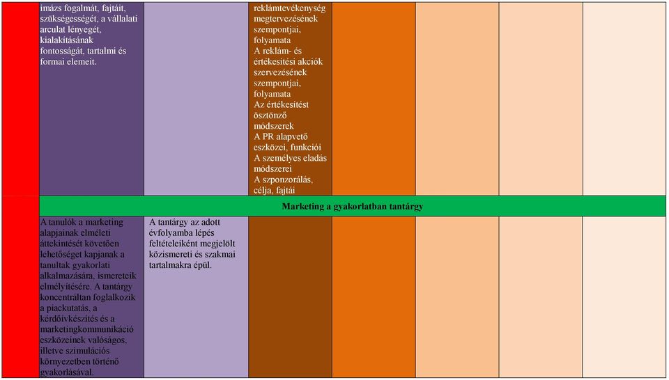 A tantárgy koncentráltan foglalkozik a piackutatás, a kérdőívkészítés és a marketingkommunikáció eszközeinek valóságos, illetve szimulációs környezetben történő gyakorlásával.