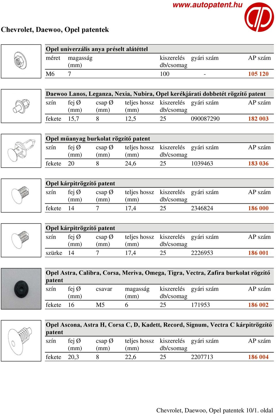 patent szürke 14 7 17,4 25 2226953 186 001 Opel Astra, Calibra, Corsa, Meriva, Omega, Tigra, Vectra, Zafira burkolat rögzítő patent szín fej Ø csavar magasság kiszerelés gyári szám AP szám fekete