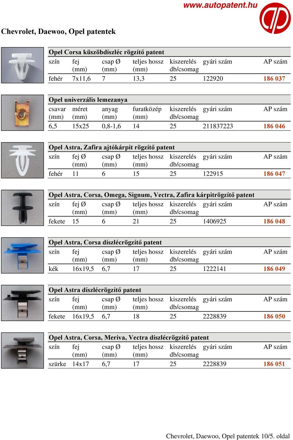 kárpitrögzítő patent fekete 15 6 21 25 1406925 186 048 Opel Astra, Corsa díszlécrögzítő patent kék 16x19,5 6,7 17 25 1222141 186 049 Opel Astra díszlécrögzítő patent