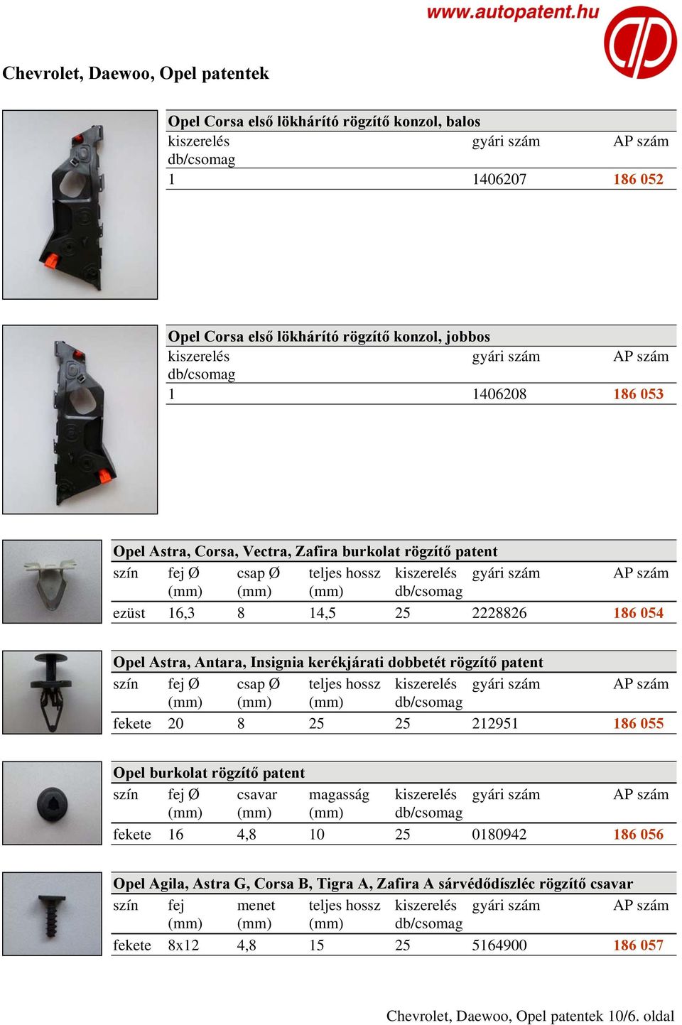 patent fekete 20 8 25 25 212951 186 055 Opel burkolat rögzítő patent szín fej Ø csavar magasság kiszerelés gyári szám AP szám fekete 16 4,8 10 25 0180942 186 056 Opel Agila, Astra G,