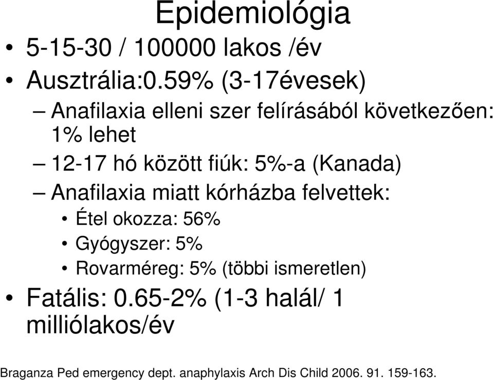 5%-a (Kanada) Anafilaxia miatt kórházba felvettek: Étel okozza: 56% Gyógyszer: 5% Rovarméreg: 5%