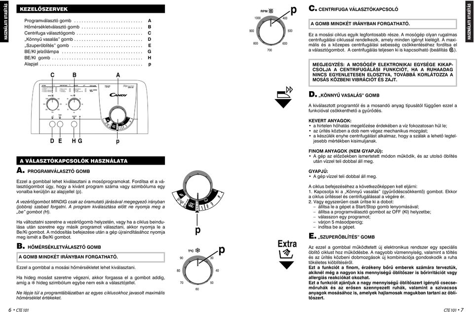 ......................................... A B C D E G H p C. CENTRIFUGA VÁLASZTÓKAPCSOLÓ A GOMB MINDKÉT IRÁNYBAN FORGATHATÓ. Ez a mosási ciklus egyik legfontosabb része.