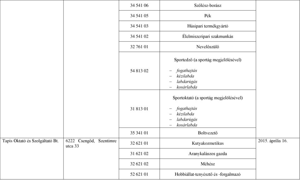 813 01 fogathajtás kézilabda labdarúgás kosárlabda 35 341 01 Boltvezető Tapis Oktató és Szolgáltató Bt.