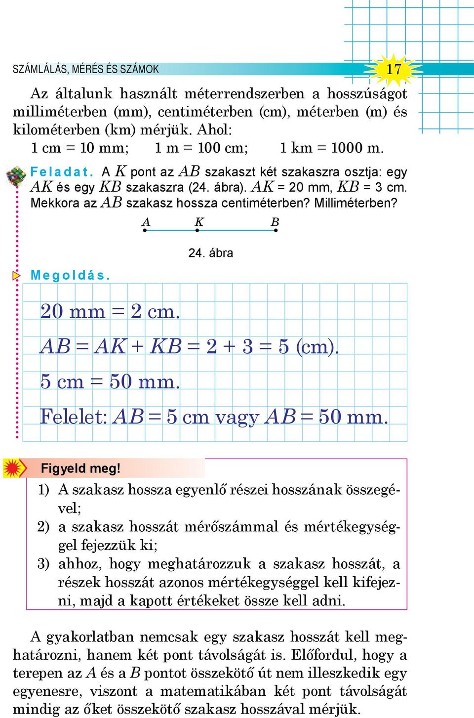 Mekkora az AB szakasz hossza centiméterben? Milliméterben? A K B Megoldás. 20 mm = 2 cm. 24. ábra AB = AK + KB = 2 + 3 = 5 (cm). 5 cm = 50 mm. Felelet: AB = 5 cm vagy AB = 50 mm. Figyeld meg!