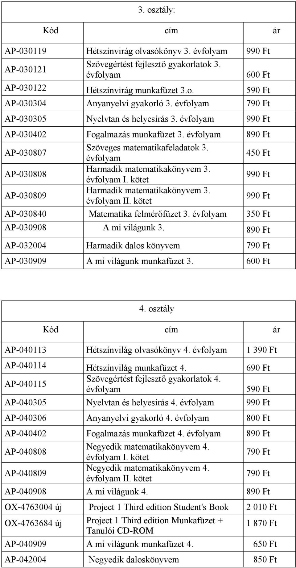 kötet 990 Ft AP-030809 Harmadik matematikakönyvem 3. II. kötet 990 Ft AP-030840 Matematika felmérőfüzet 3. 350 Ft AP-030908 A mi világunk 3.